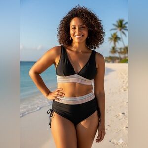 NEW- Rainbow Smocked Bikini Set | Black High Waisted 2-Piece | XL